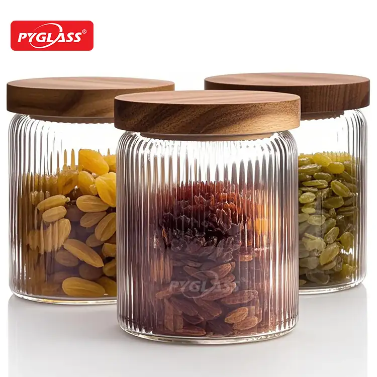 glass jars with lids wholesale | oem odm glass jar manufacturer china – pyglass竖条纹储物罐 相思木盖子 3件套1