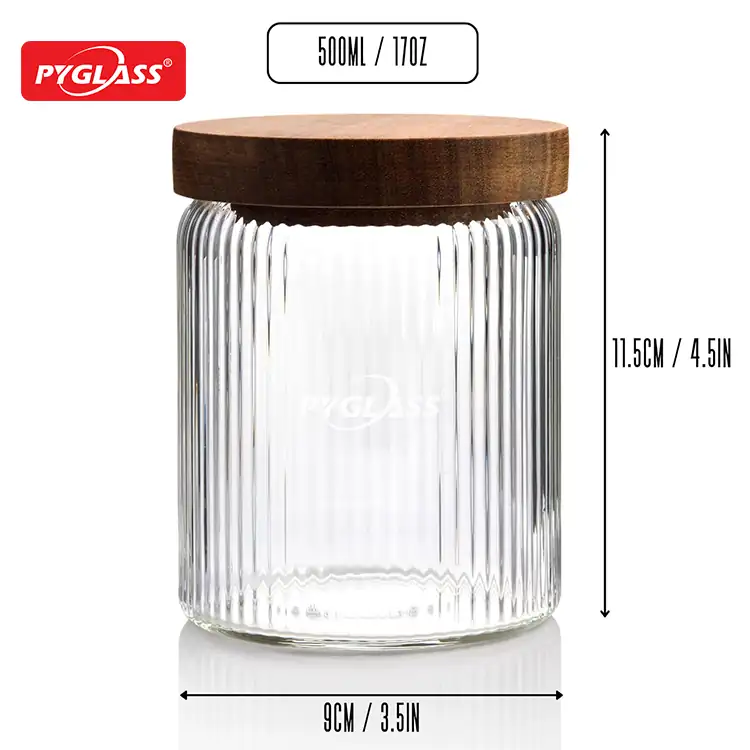 glass jars with lids wholesale | oem odm glass jar manufacturer china – pyglass竖条纹储物罐 相思木盖子 3件套3